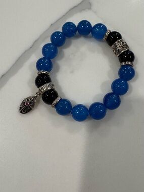 Blue and Black Beaded Charm Bracelet with Silver Accents - Women's Jewelry